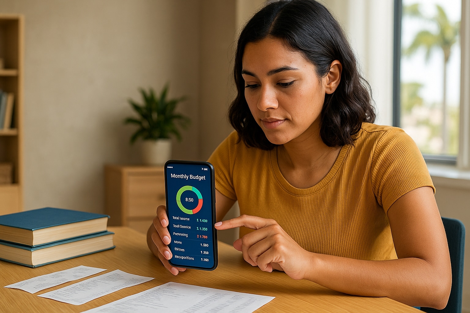 Southern California college student tracking expenses with a budgeting app as part of college financial planning.