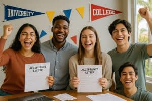 Diverse group of students in San Diego celebrating acceptance letters as part of a successful college application strategy.