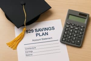 529 college savings plan with calculator and graduation cap representing tuition funding in California.