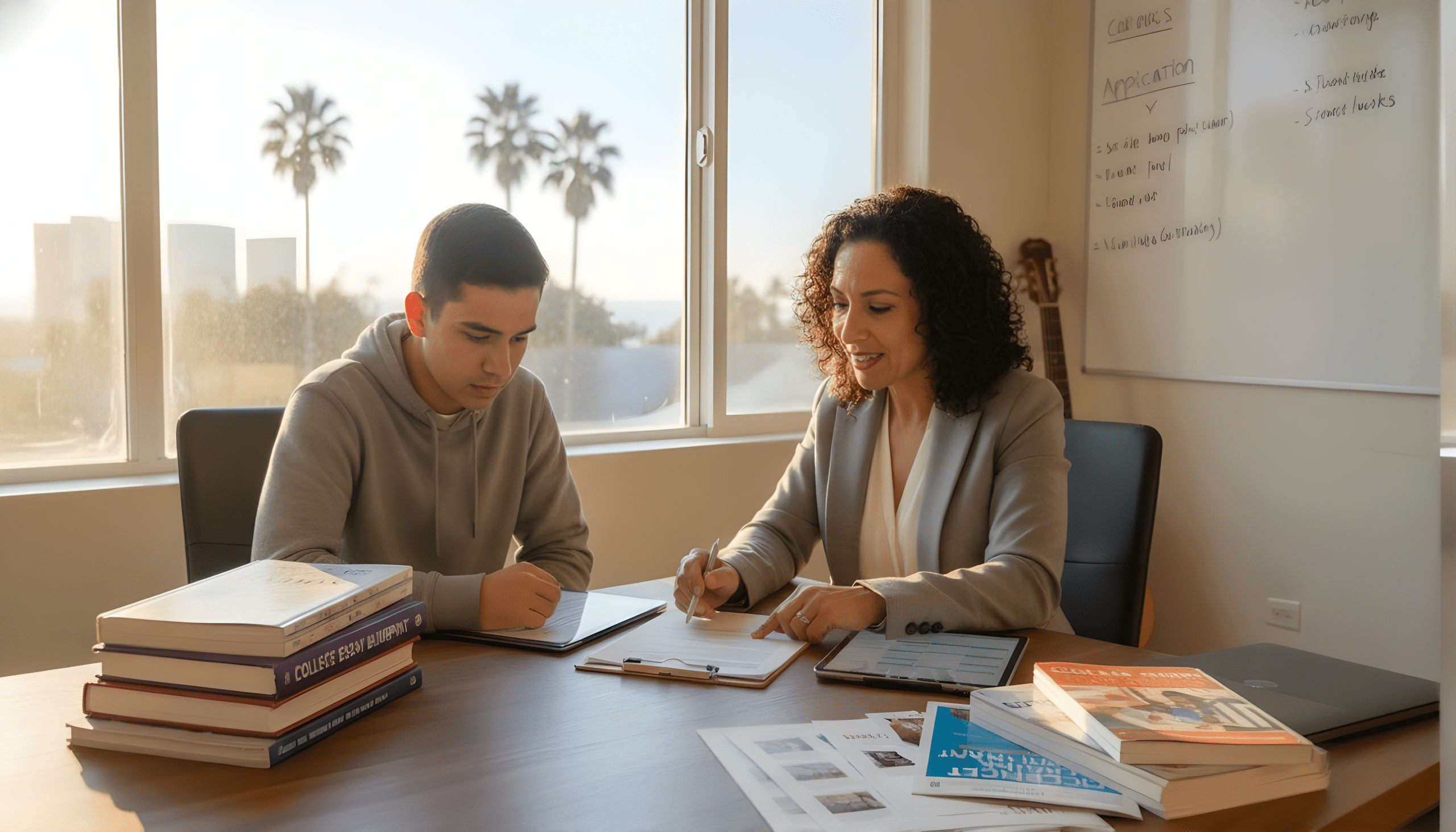 A college counselor reviews college application plans and personal statement drafts with a high-school student in a professional San Diego office setting, seated together at a desk with advising materials.