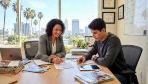 A college counselor reviewing college application plans and personal statement drafts with a high-school student in a professional San Diego office setting, matching the photo’s horizontal aspect ratio.