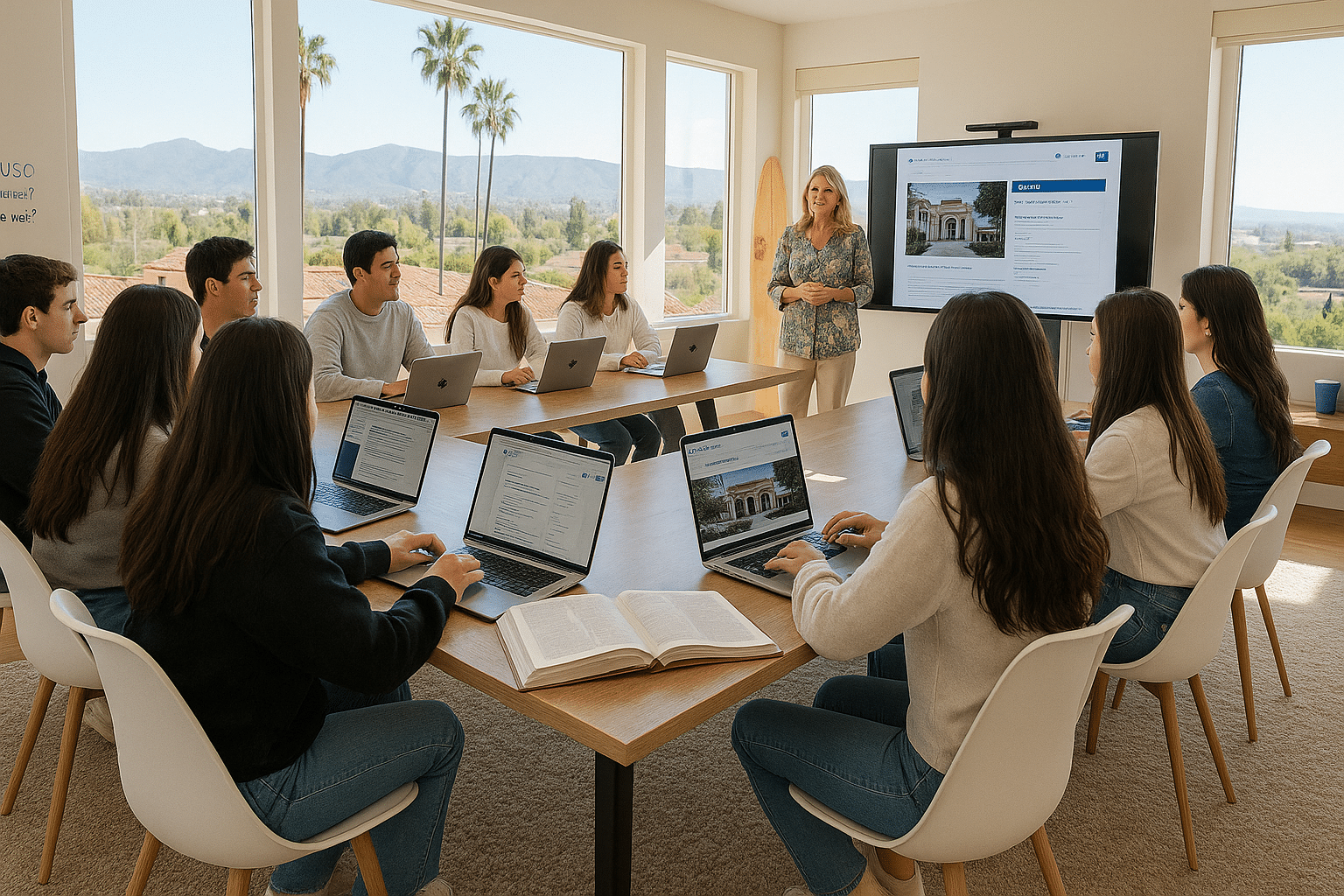 A group of high school students participating in a Southern California college planning workshop, using laptops while a facilitator guides them through essay brainstorming and college research in a bright, collaborative setting.