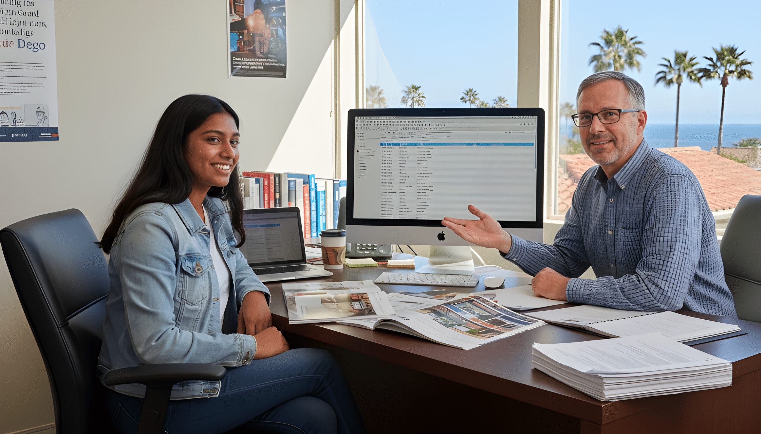 A student meets with a college counselor in a professional San Diego office to review college admission plans, applications, and essay strategies, seated together at a desk with advising materials and matching the image’s horizontal aspect ratio.