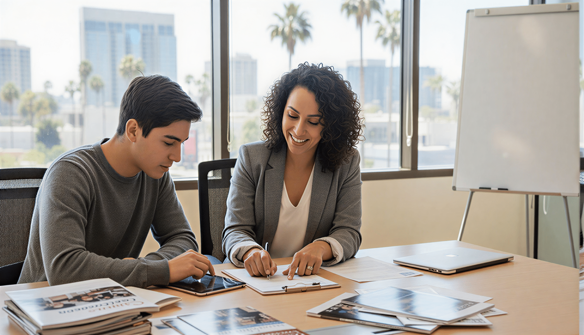 A student meets with a college counselor in San Diego to plan college applications and essays, sitting together at a desk with advising materials in a professional office setting.