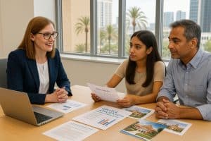 College admissions advisor in San Diego helping a student and parent review college applications and essays.
