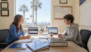 College counselor reviewing college application plans and personal statement drafts with a high-school student in a professional San Diego office setting