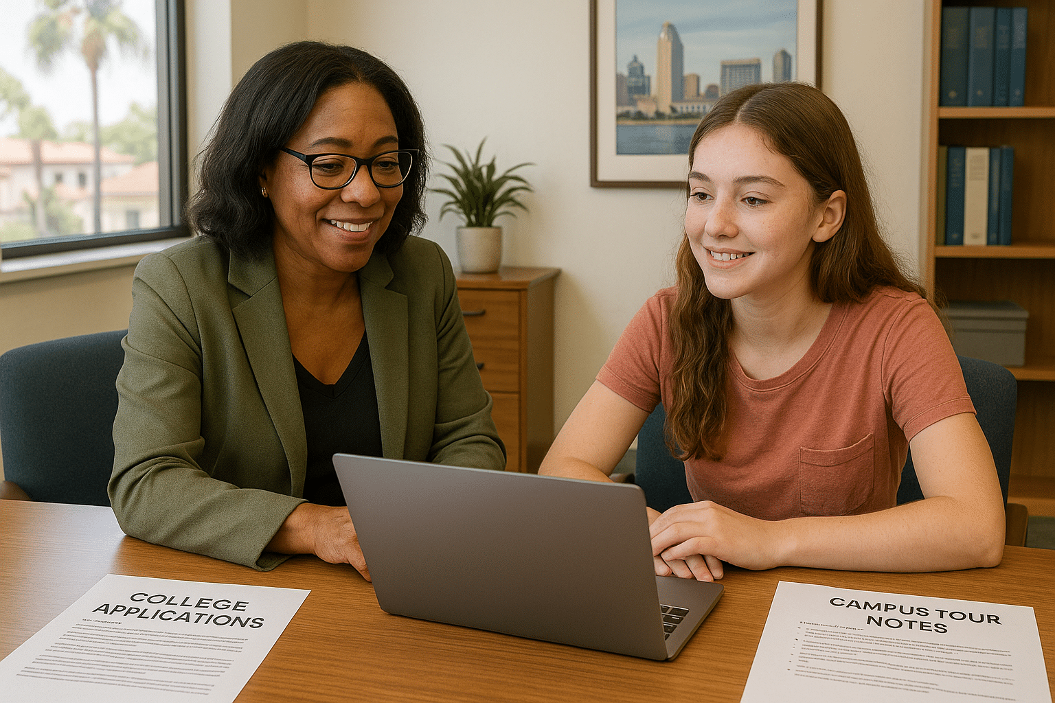 Student receiving SAT prep and college counseling support in Southern California, studying with a tutor, laptop and SAT books visible in a bright academic workspace.