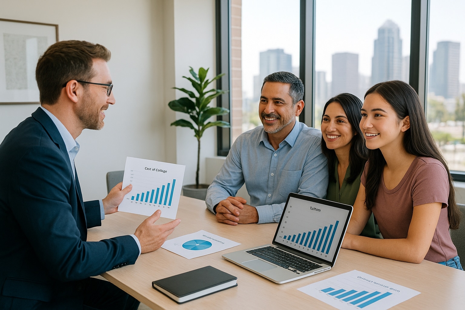College funding advisor in San Diego meeting with parents to plan college tuition strategies.