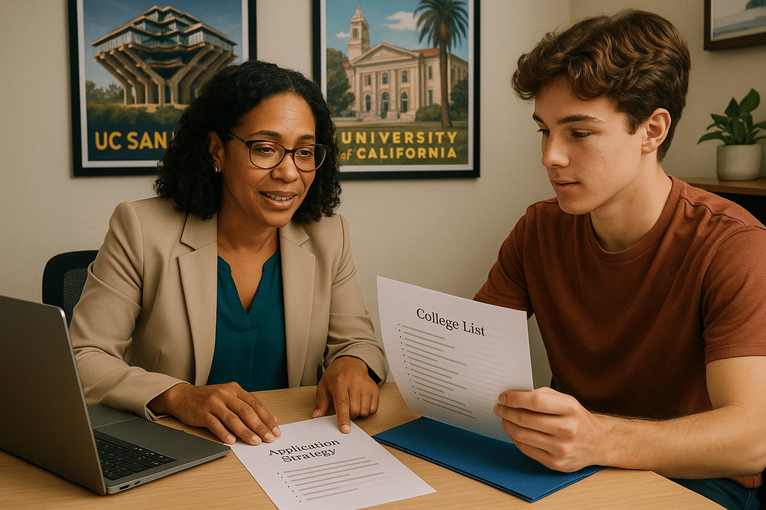 College counselor reviewing college application plans and personal statement drafts with a high-school student in a professional San Diego office setting.