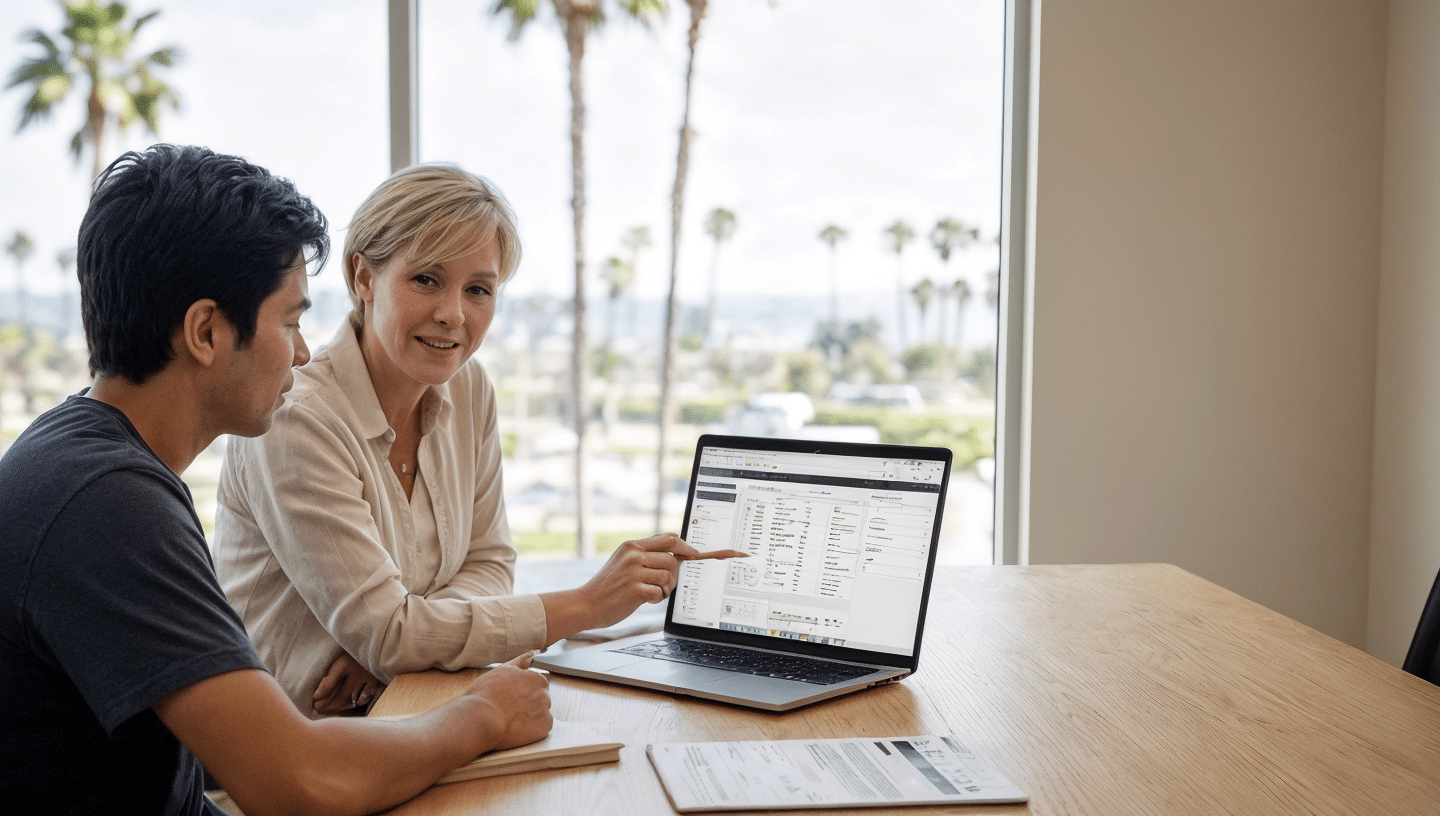 Student working with a college planner in San Diego reviewing application strategies, deadlines, and school options.