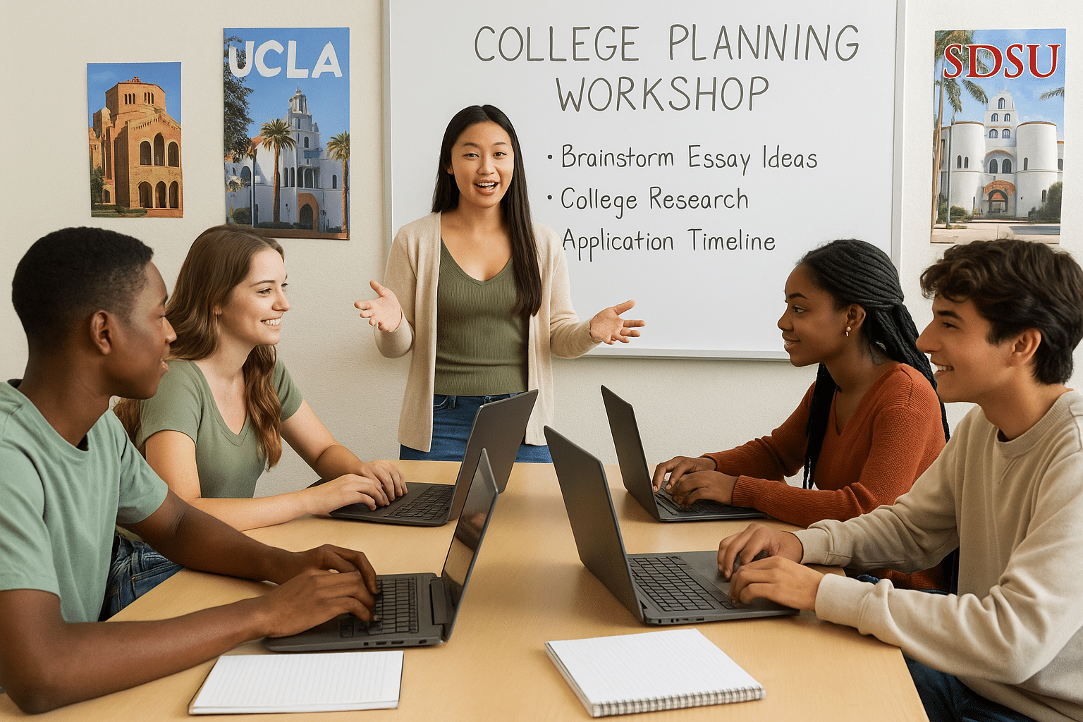 Group of high school students in a Southern California college planning workshop, using laptops while a facilitator guides them through essay brainstorming and college research.