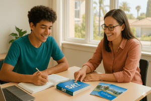 A young man and teacher study together at a desk with an "SAT" book and a "College" booklet, bright sunlight streaming in from a window behind them.