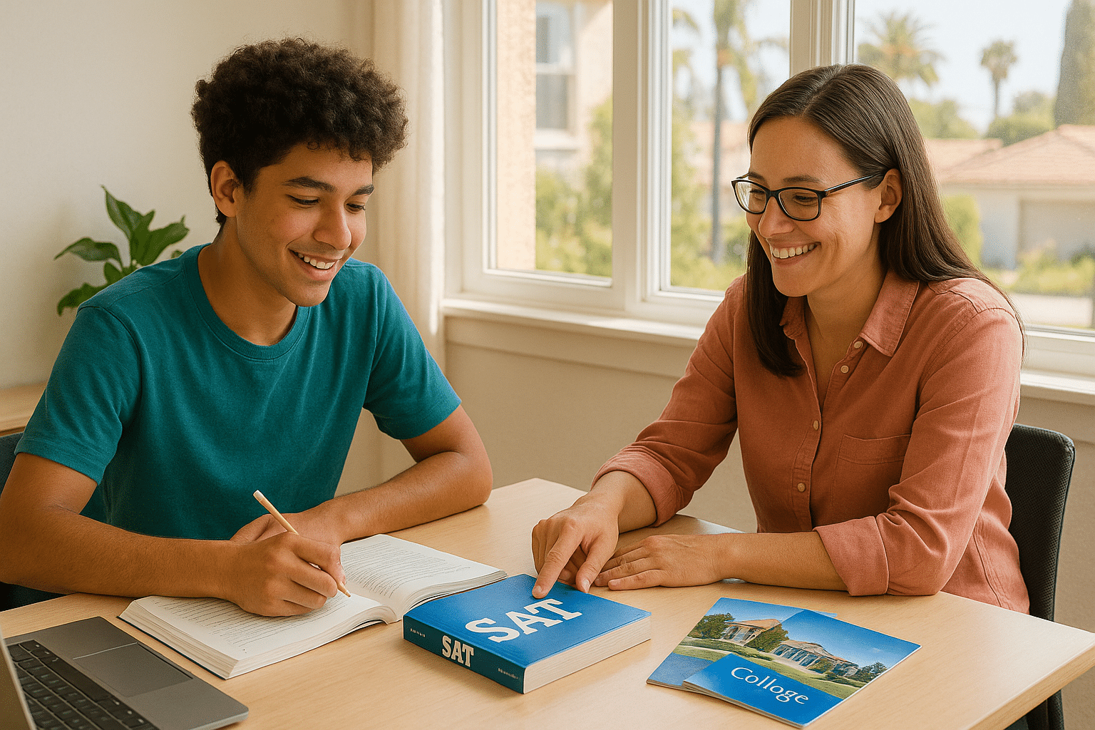 Student receiving academic tutoring with test prep books and laptop in a bright Southern California study space.
