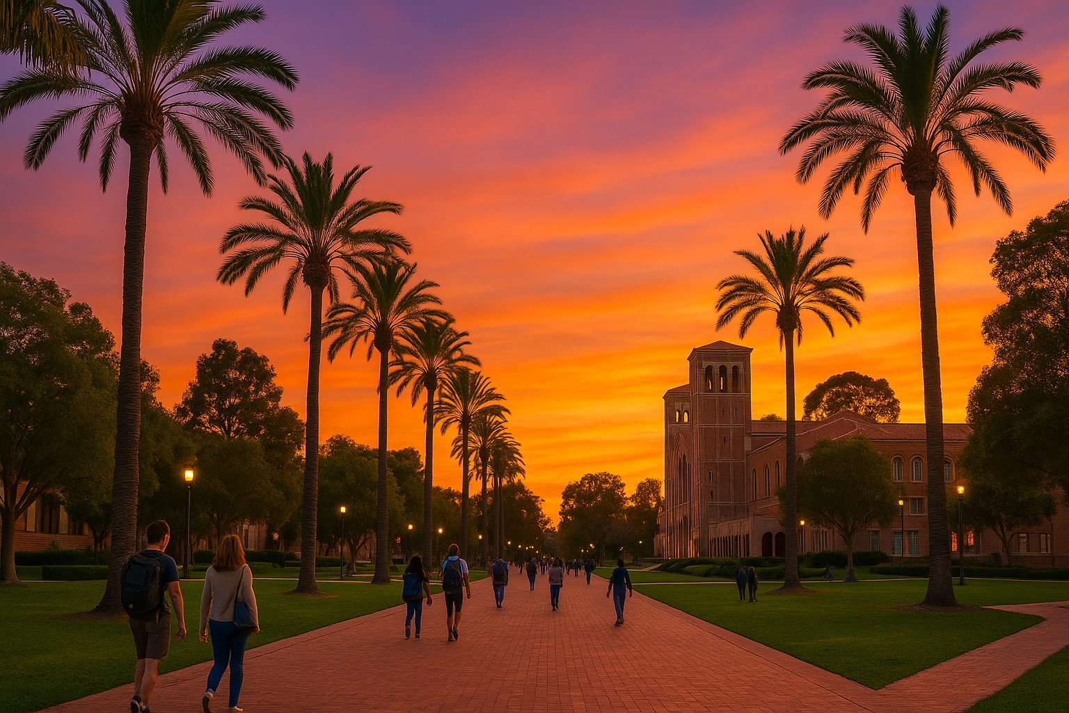 Southern California university campus at sunset with students walking under palm trees, representing college funding opportunities.