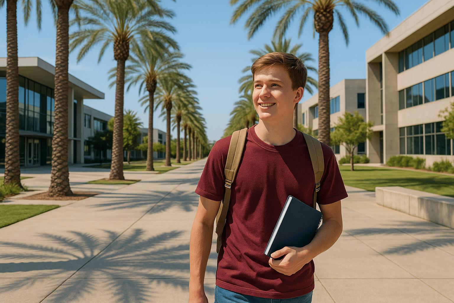 Teen students walking through a sunny university campus in Southern California, surrounded by palm trees and modern buildings — confident, optimistic expressions.