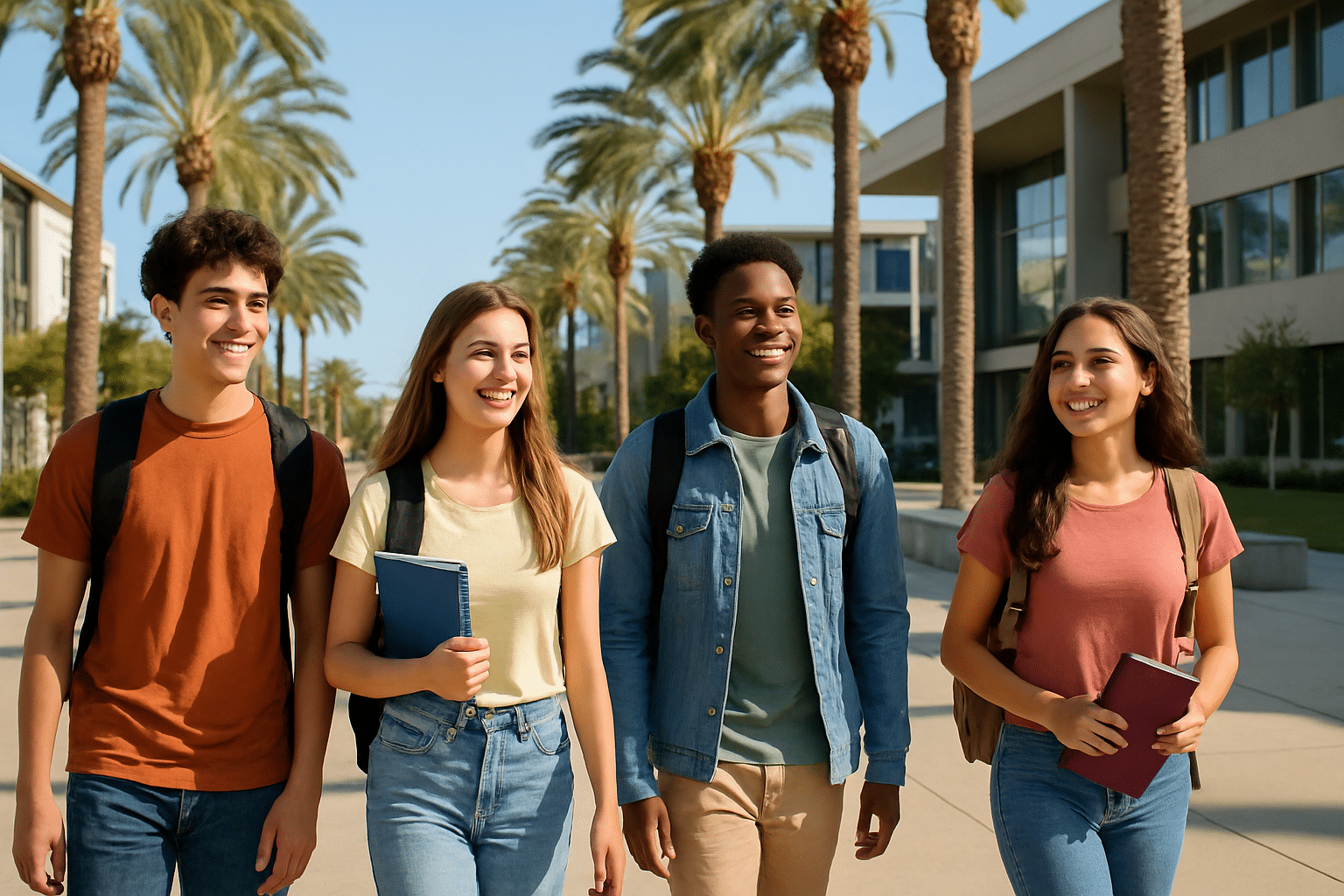 Group of high-school students touring a Southern California university campus, walking among palm trees and modern buildings, representing student motivation from SAT prep and college counseling guidance.