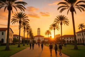 Southern California university campus at sunset with palm trees and Spanish-style buildings symbolizing college opportunity and success.