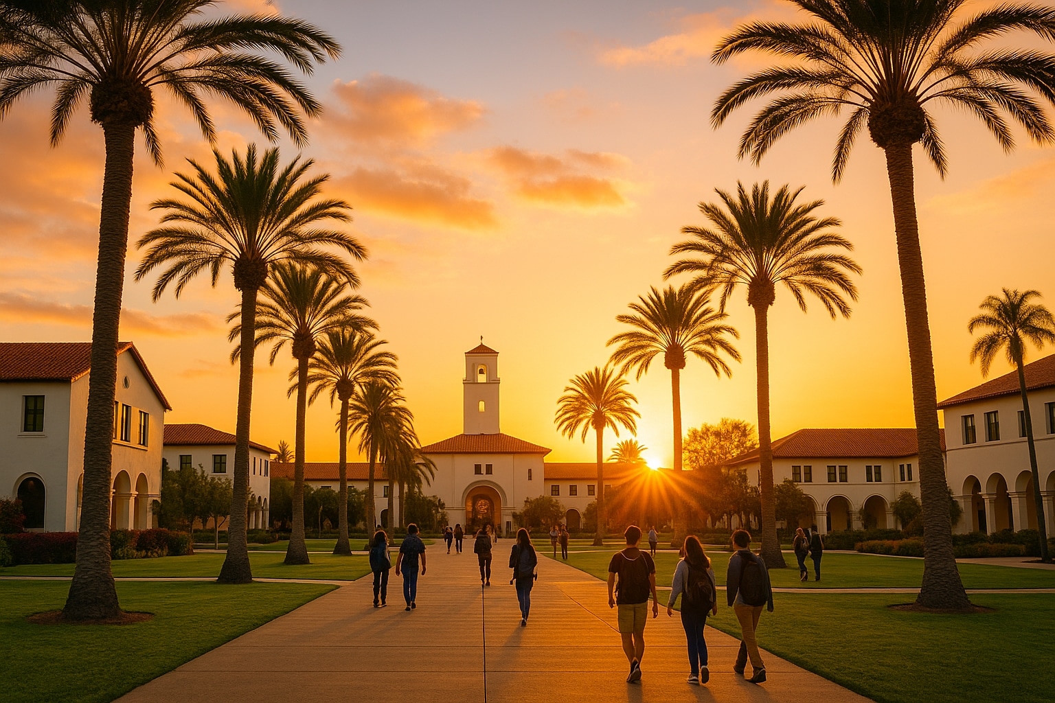 Southern California university campus at sunset with palm trees and Spanish-style buildings symbolizing college opportunity and success.