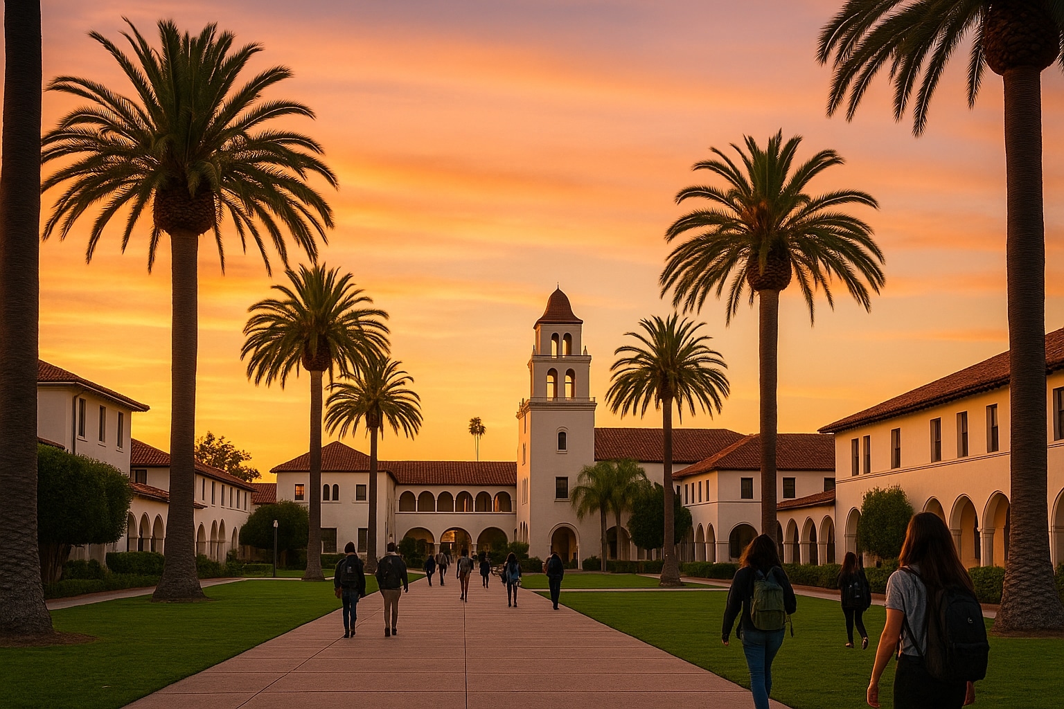 Southern California university campus at sunset with palm trees and Spanish-style architecture, symbolizing college success and opportunity.