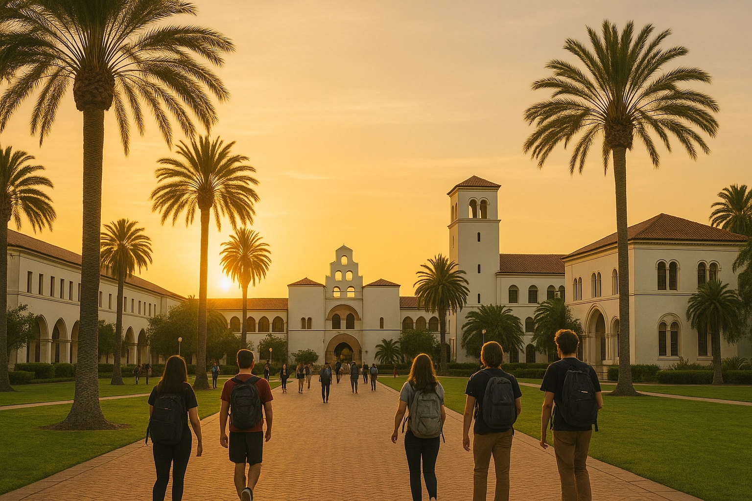 Southern California university campus at sunset showing students and palm trees, symbolizing higher education goals.