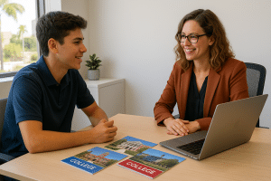 Student meeting with a college counselor in San Diego to plan applications and essays