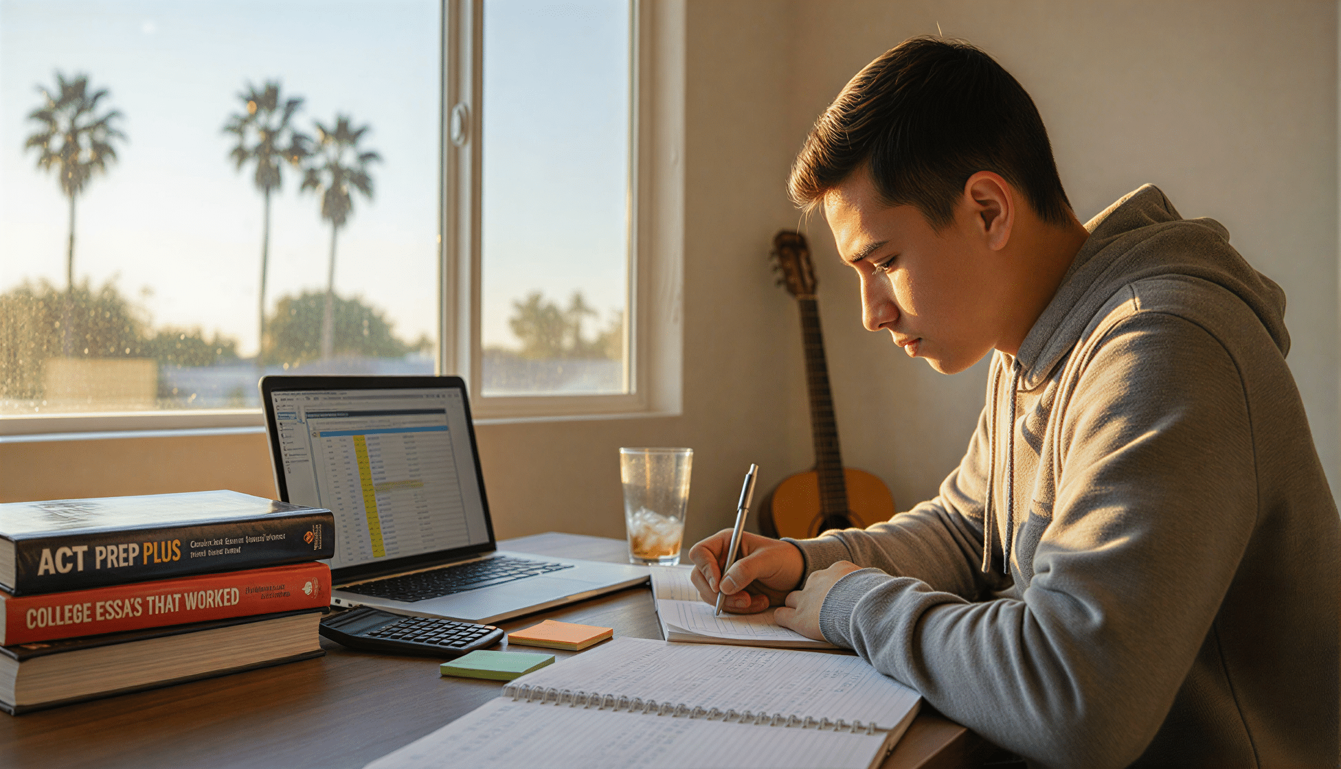 High-school student in Southern California studying for the ACT with textbooks and laptop on a desk
