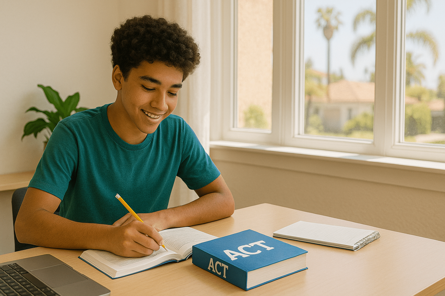 High-school student in Southern California studying for the ACT with textbooks and laptop on a desk
