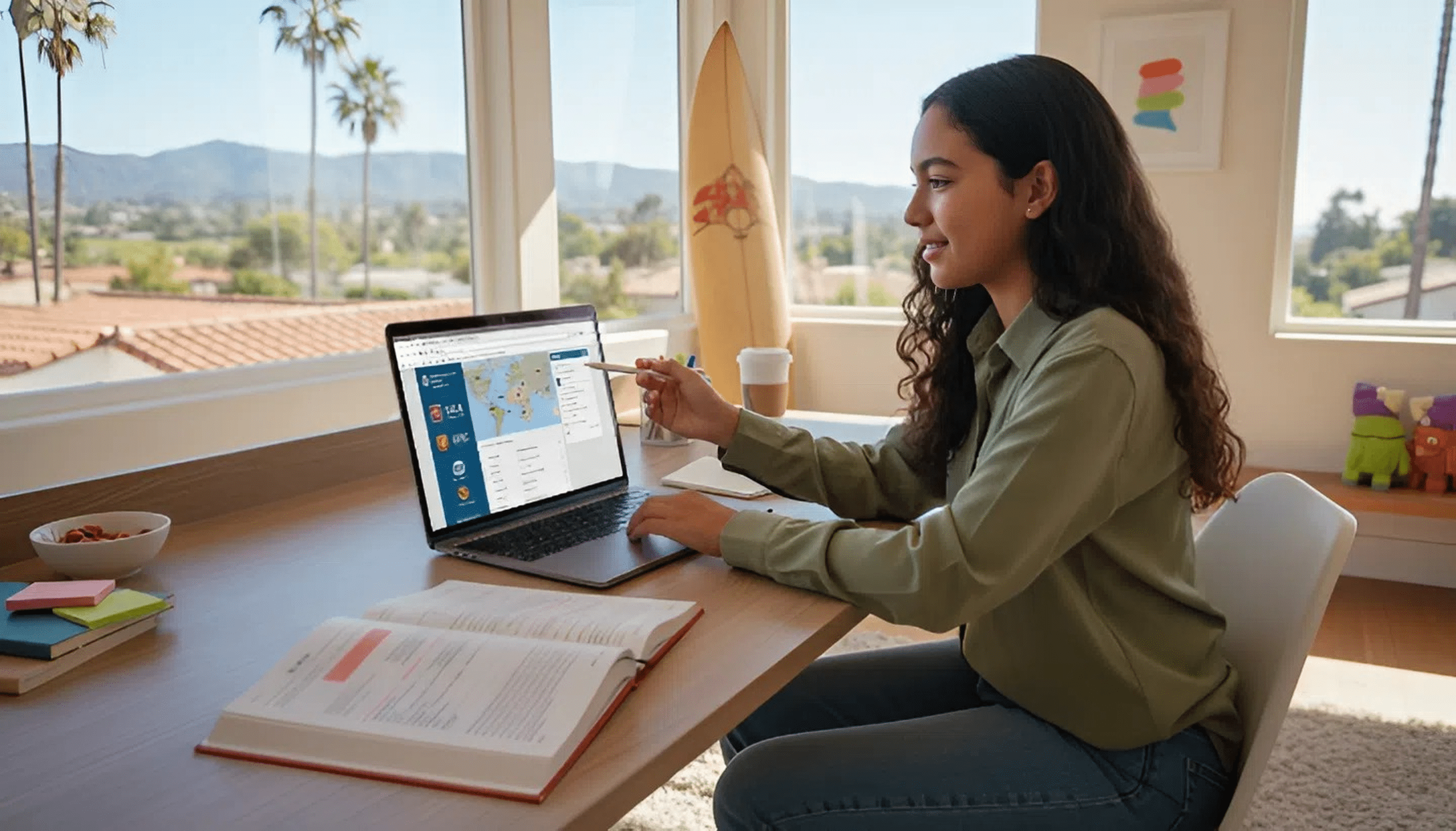 Southern California student using college planning software and test prep tools to research universities