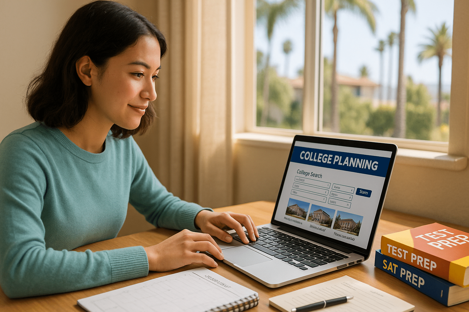 Southern California student using college planning software and test prep tools to research universities
