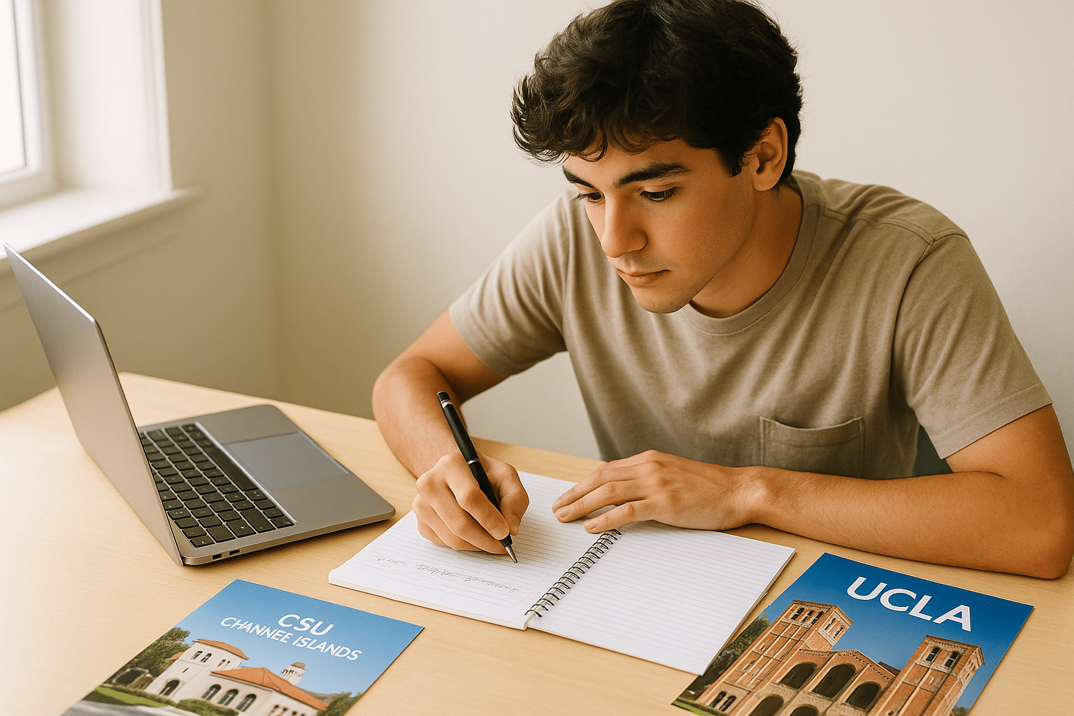 Southern California high school student writing a college admissions essay at a bright desk with a laptop, notebook, and UC/CSU campus brochures.