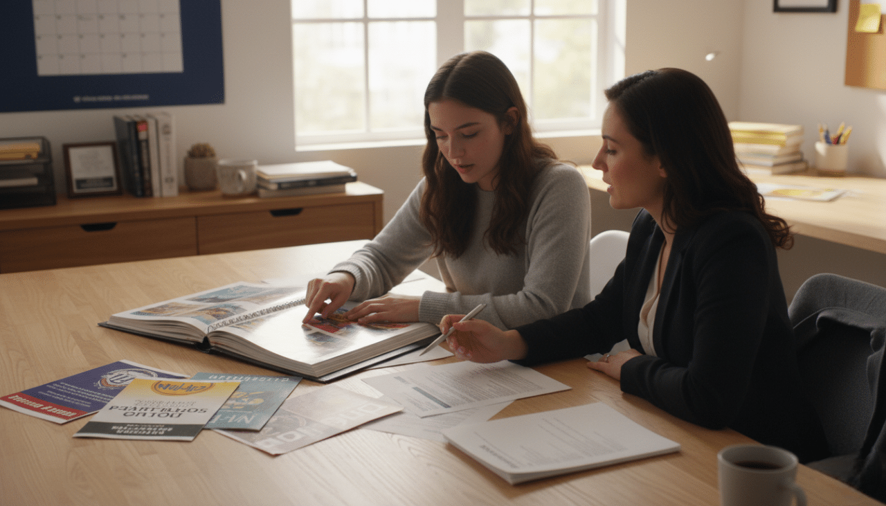 Student meeting with an advisor in San Diego to review college admissions strategy and application materials.