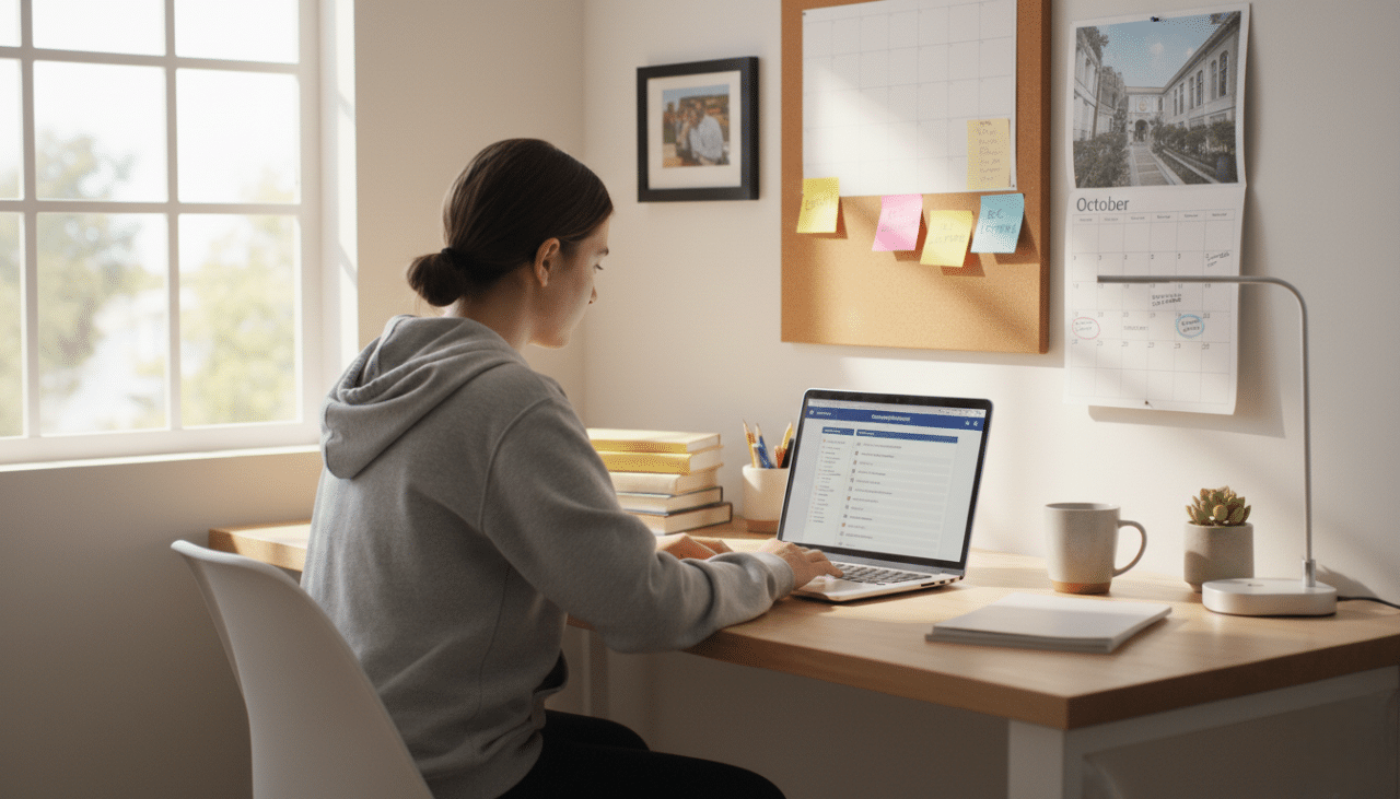 Student in a sunny Southern California study space reviewing a college application checklist on a laptop.