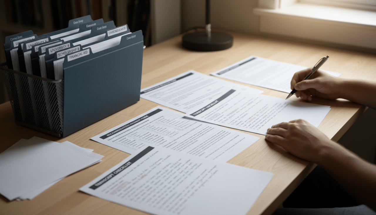 Organized college application documents including recommendation requests, transcript checklist, and essay drafts for meeting deadlines.