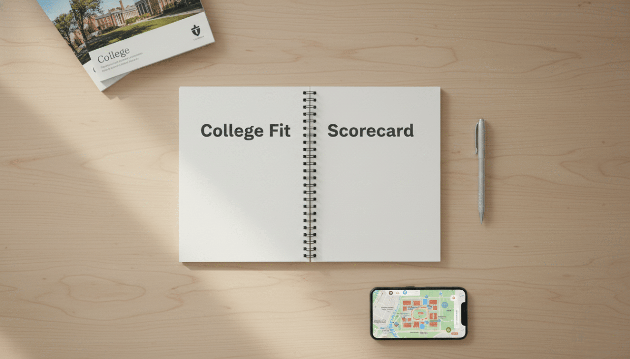 College fit scorecard and campus research materials used to compare schools and reduce stress during the college decision process.