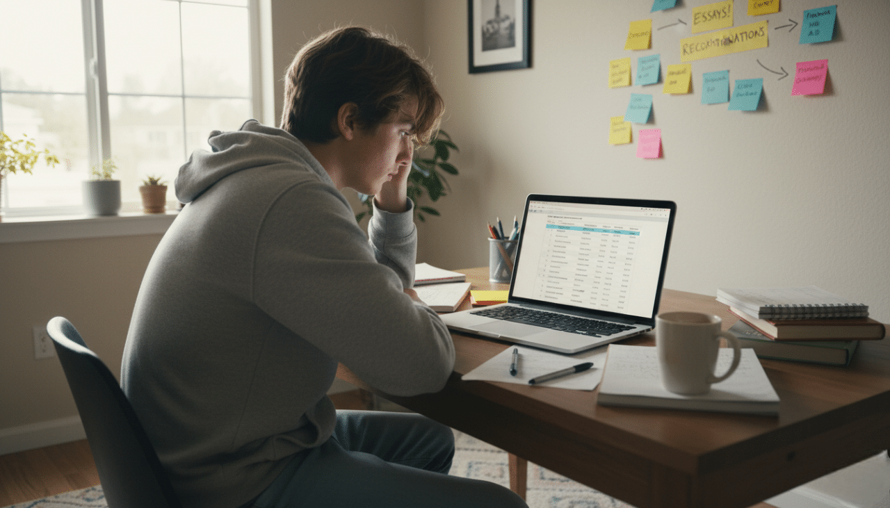 Student organizing a college list on a laptop with notes, showing a calm and organized college search process in Southern California.