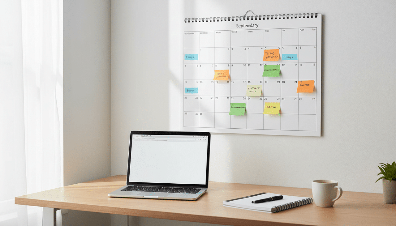 Month-by-month calendar and checklist showing a college application timeline with deadlines for essays, testing, and financial aid.