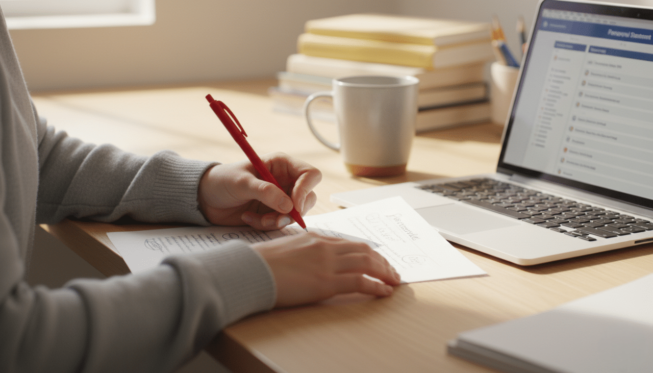 Close-up of editing a college personal statement draft with notes, showing essay revision for admissions.