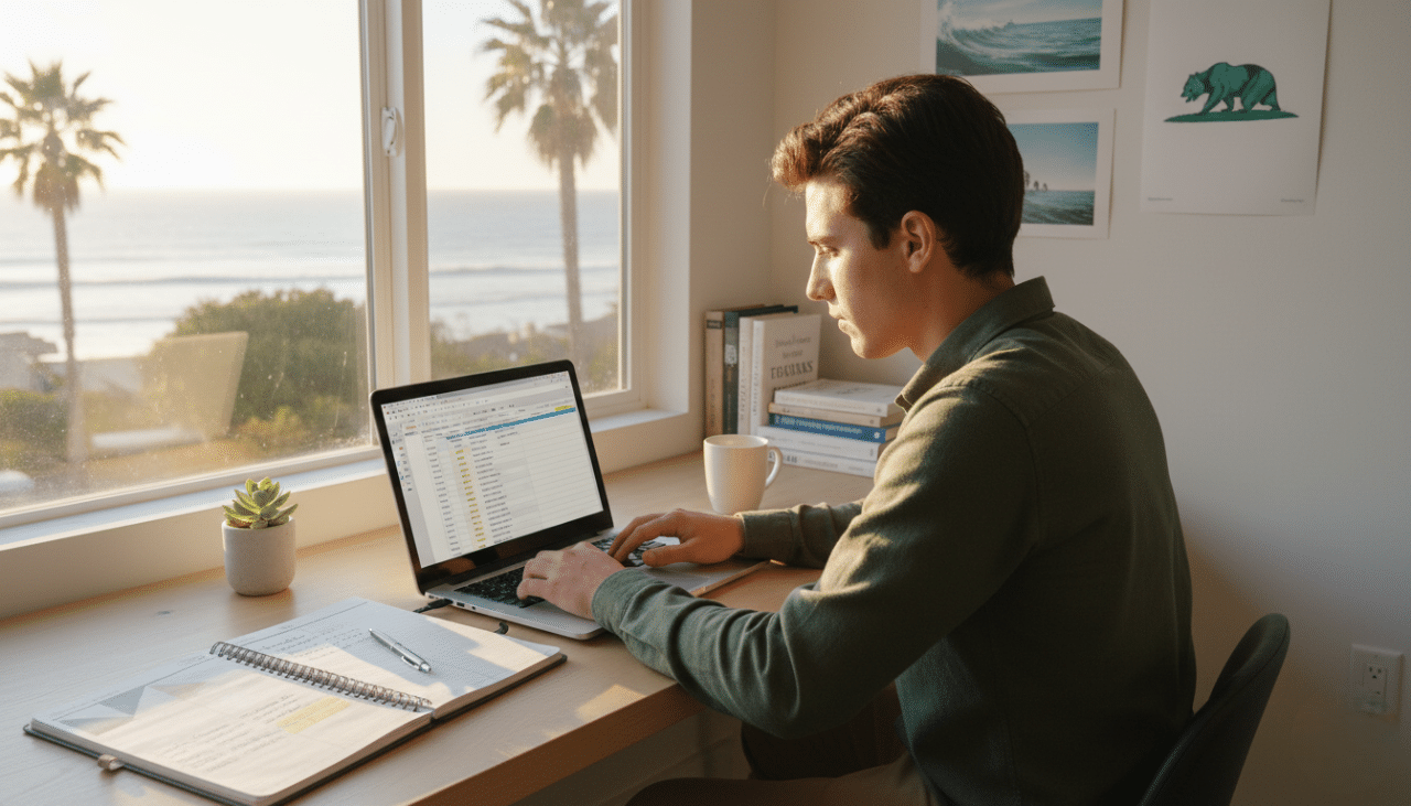San Diego student using a planner and laptop to track college application deadlines and organize a timeline.