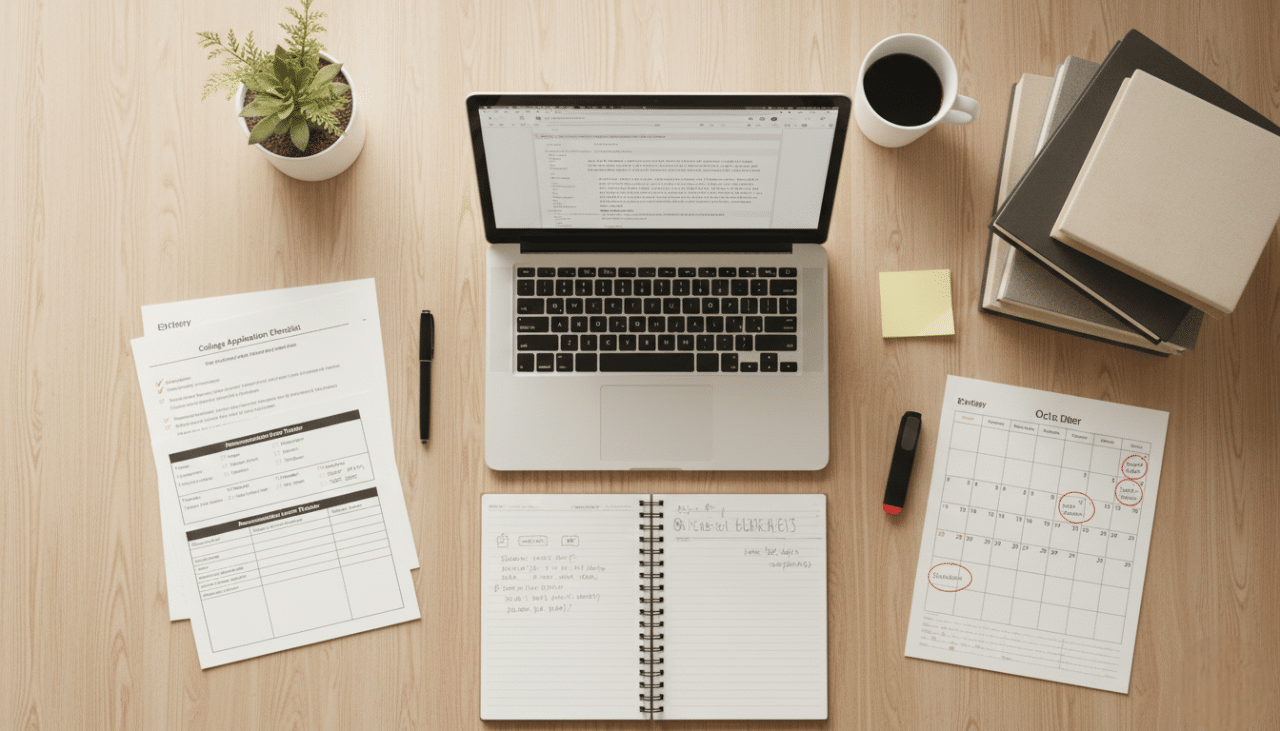College application checklist showing deadlines, recommendation letters, and activity planning for seniors.