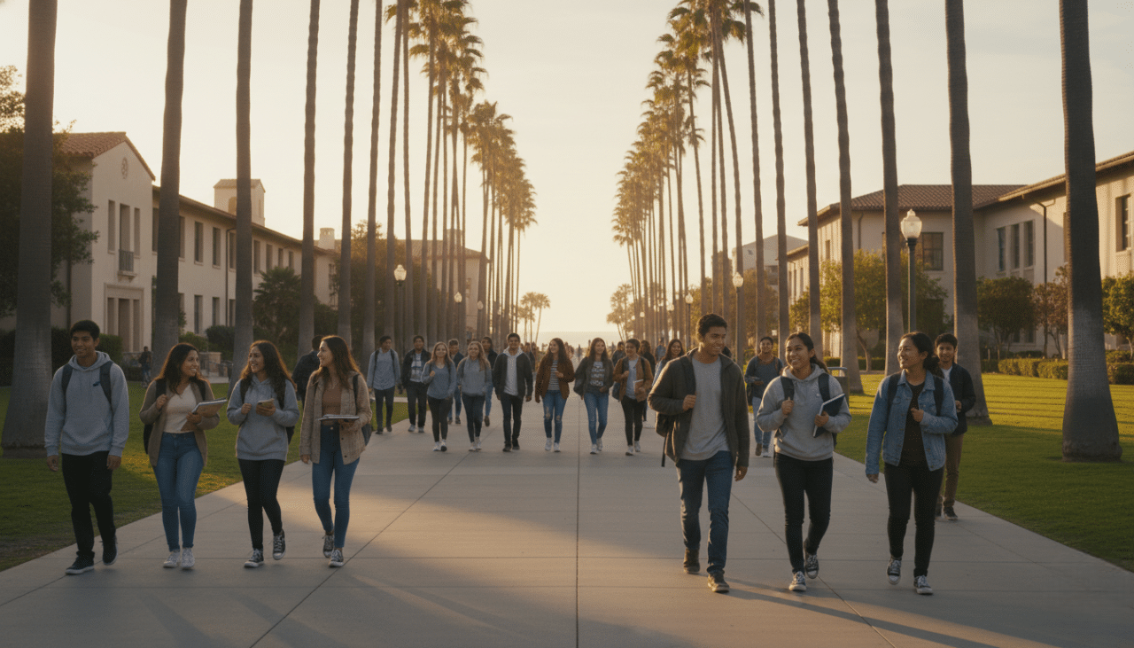 Students walking on a palm tree lined campus walkway in Southern California, representing the college environment and campus life.