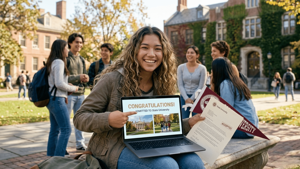 Student celebrating college acceptance after completing a successful university application.