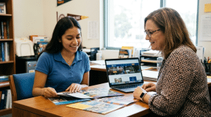 Student receiving guidance from a college admissions mentor while reviewing university options in San Diego.