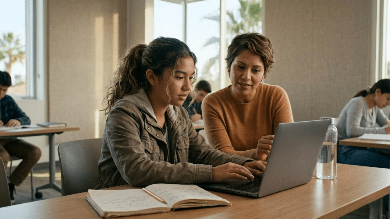 Student receiving guidance from a college advisor while preparing university applications in San Diego.