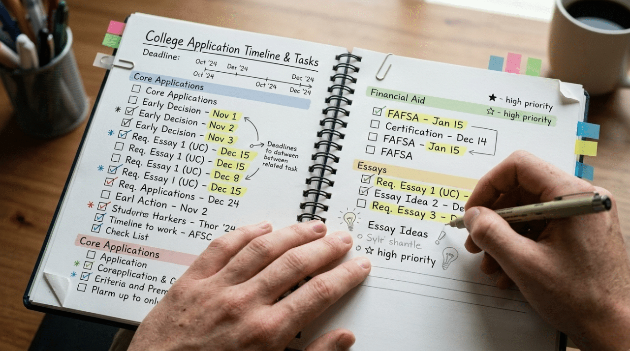College application planner checklist with deadlines and organized notes