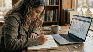 High school student writing and editing a college admissions essay during the application process.
