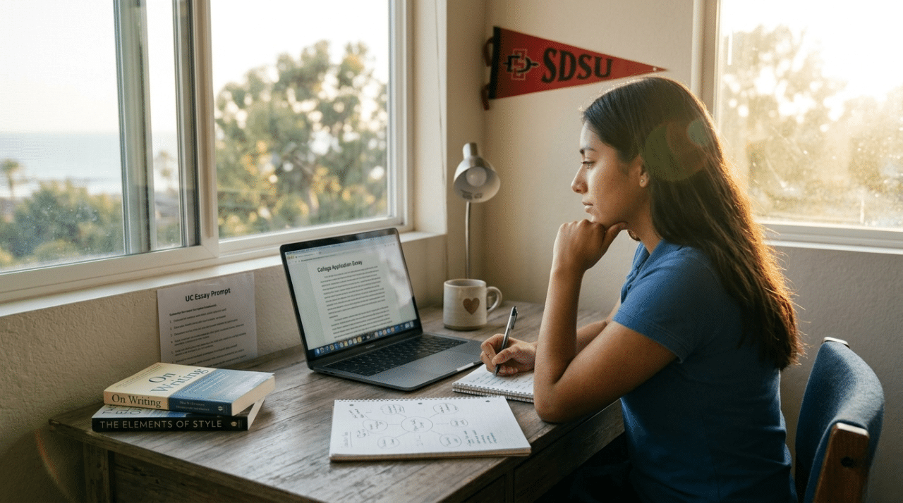 Student working on a college application essay with guidance from a mentor during the admissions process.