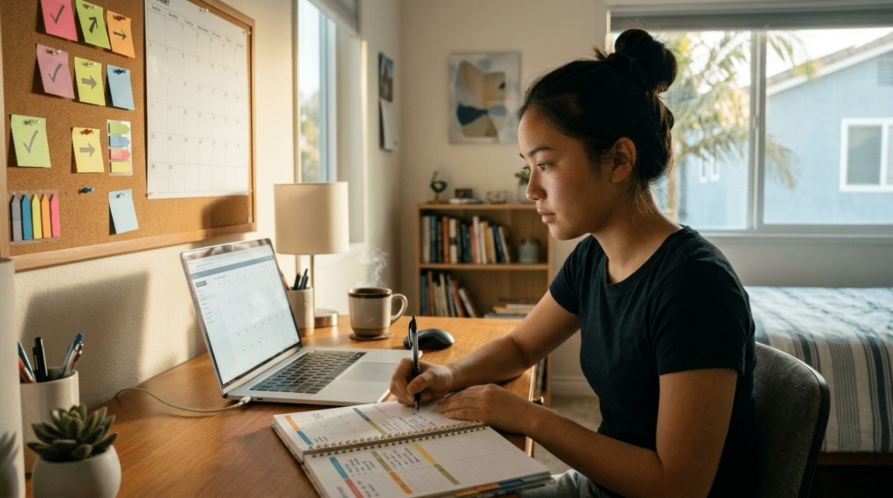 Student using a college application planner to organize deadlines and tasks