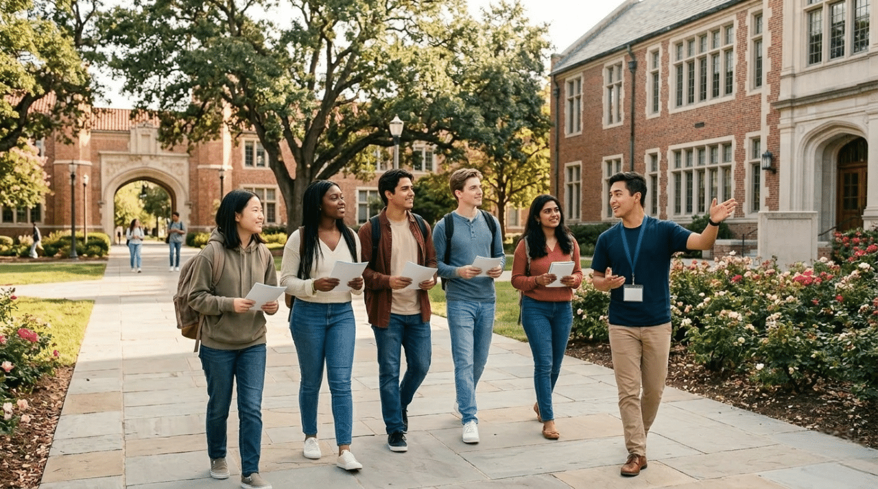 Prospective students taking a guided campus tour while exploring college choices