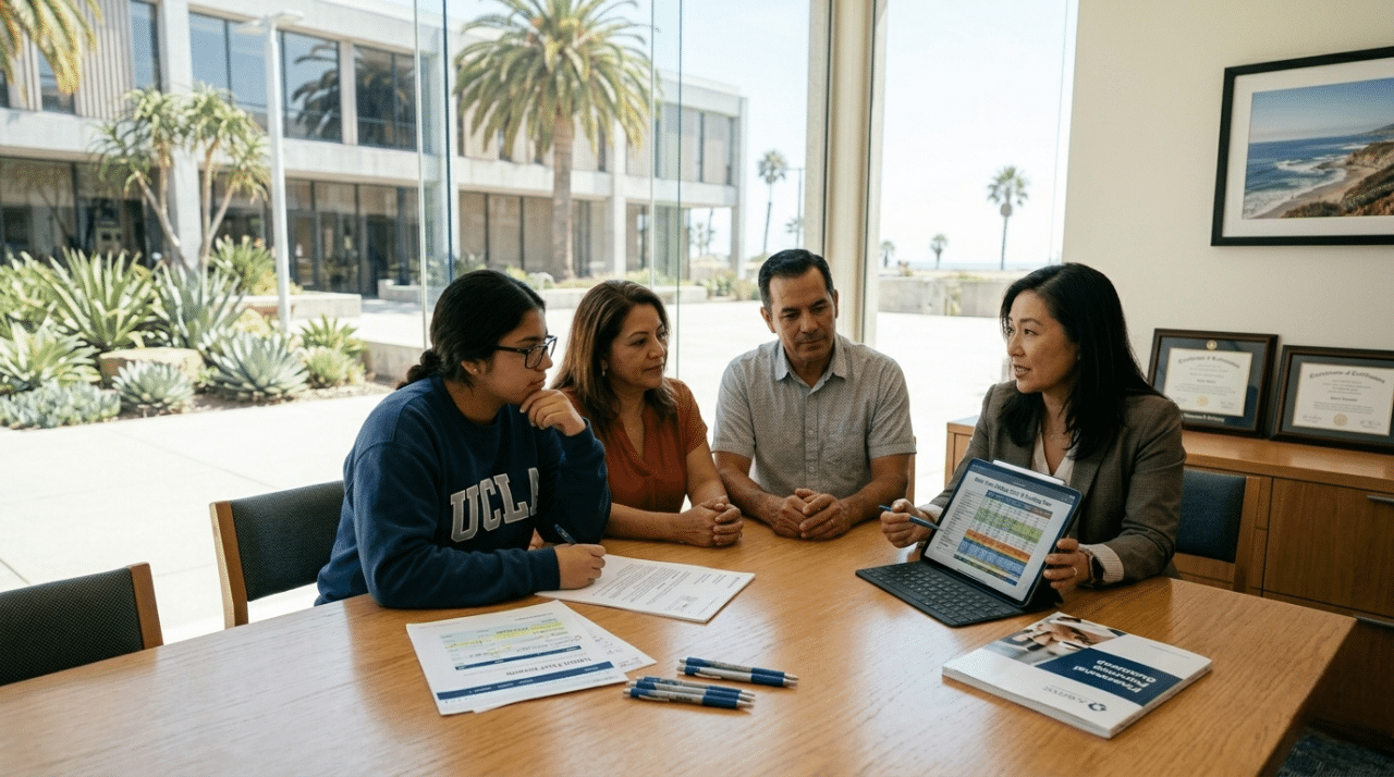 Advisor explaining college financing strategies to a student and parent