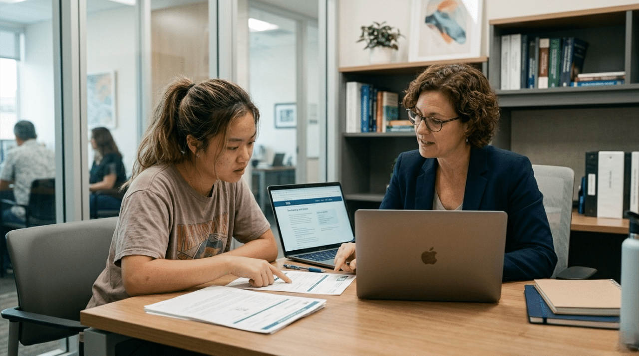 Student meeting with a financial aid advisor to discuss college funding strategies.